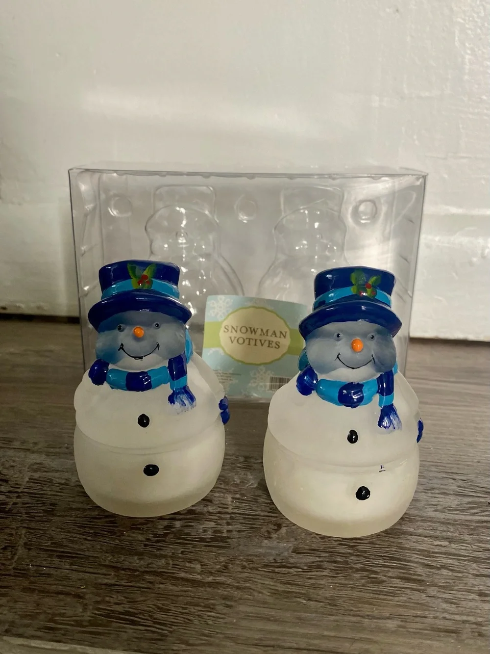 Vintage 2002 Target Brand Snowman Votives Set Candle Holders With Candles.